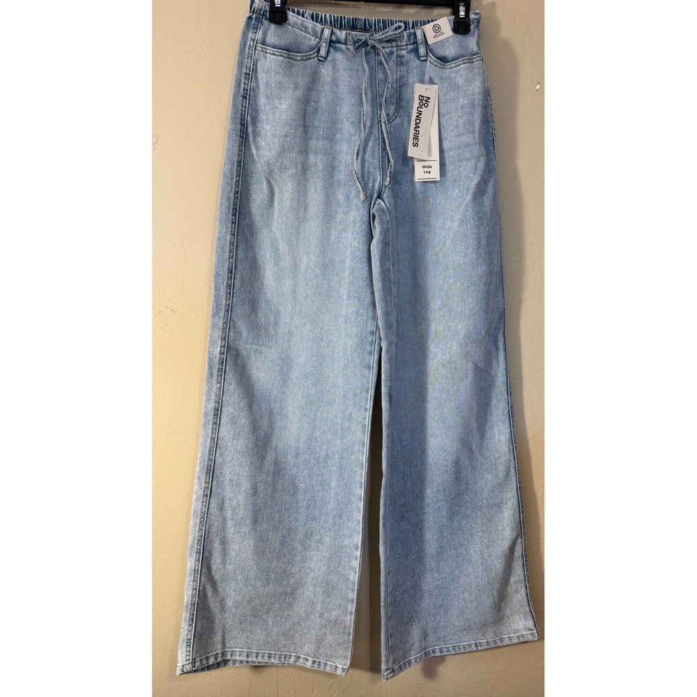 No Boundaries Wide Leg Jeans Women XS Light Wash Mid Rise Drawstring Denim NEW